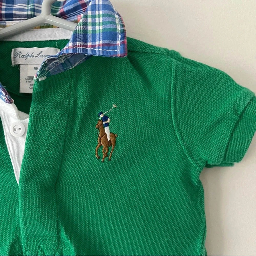 Boys Ralph Lauren Polo Romper 3m Green Plaid Preppy Pony Logo One Piece